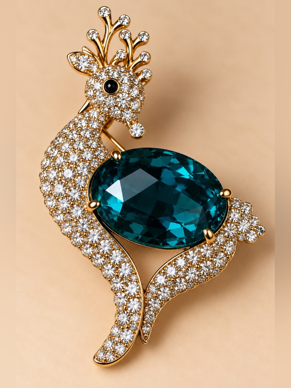 Gold Peacock Brooch with Teal Crystal and Clear Rhinestones